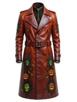 Men’s Gothic Halloween Pumpkin Brown Leather Long Coat