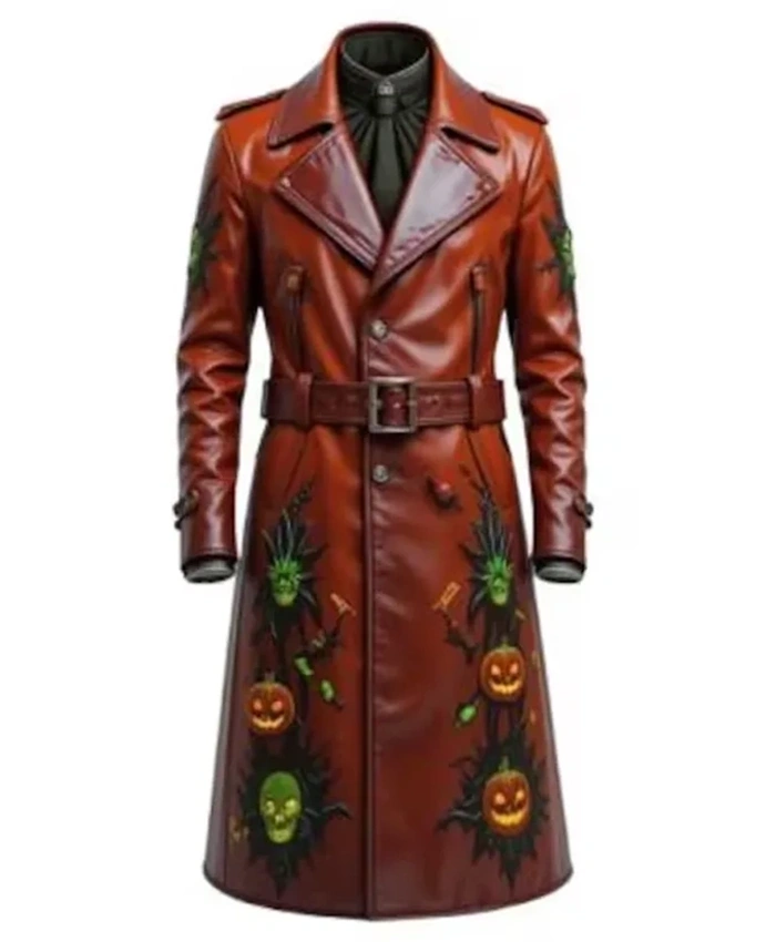 Men’s Gothic Halloween Pumpkin Brown Leather Long Coat