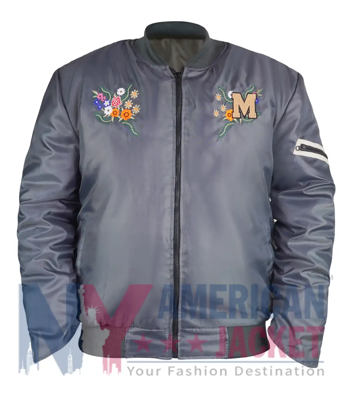 Michelle Buteau Survival Of The Thickest S01 Grey Floral Bomber Jacket front view