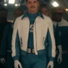 Mr Fantastic Doomsday Reed Cosplay White and Blue Leather Bomber Jacket front view