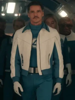 Mr Fantastic Doomsday Reed Cosplay White and Blue Leather Bomber Jacket front view
