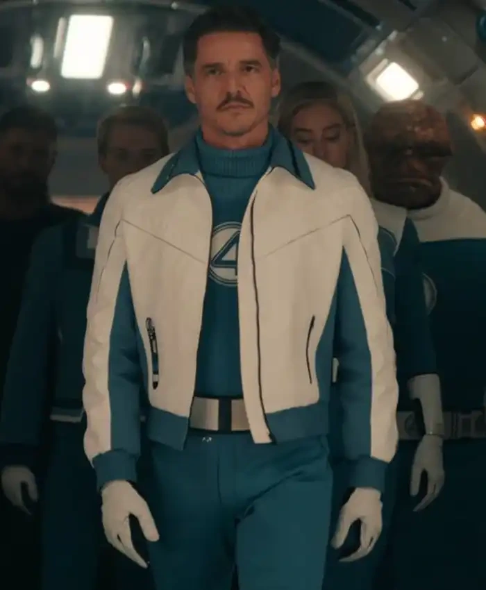 Mr Fantastic Doomsday Reed Cosplay White and Blue Leather Bomber Jacket front view