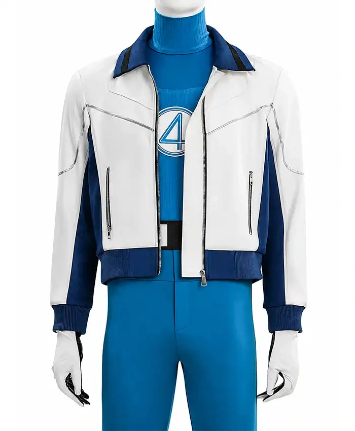 Mr Fantastic Reed Richards White Leather Bomber Jacket with YKK zipper closure