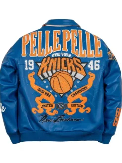 NBA Champions 2026 Pelle Pelle For The City Of Knicks Blue Leather Jacket Back view