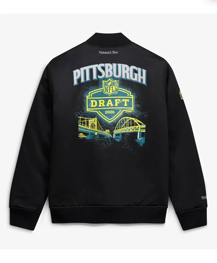 NFL Draft 2026 Black Satin Full-Zip Bomber Jacket Back View