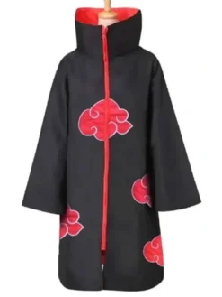 Naruto Akatsuki Black and Red Cotton Costume Robe front view with stand-up collar
