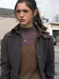 Natalia Dyer Series Stranger Things S01 Nancy Wheeler Purple Cropped Jacket front view
