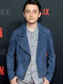 Noah Schnapp Series Stranger Things Event Night Blue Suede Biker Jacket front view