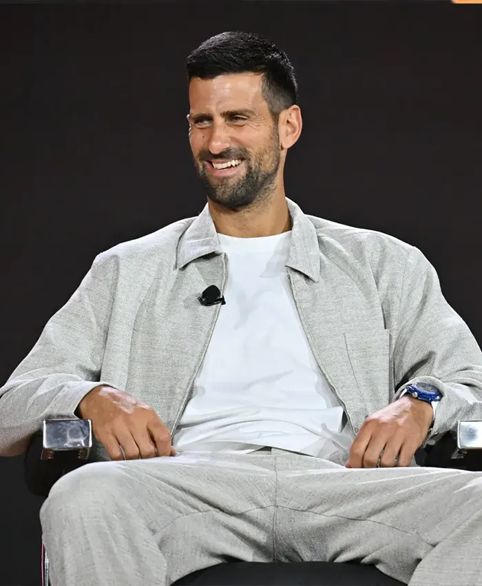 Novak Djokovic Fanatics Fest NYC 2026 Gray Jacket Front View