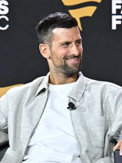 Novak Djokovic Fanatics Fest NYC 2026 Gray Jacket Side View
