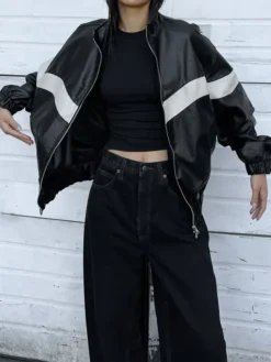 Oak-And-Fort-Black-Leather-Mockneck-RACER-Jacket