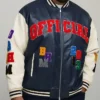 Oversized Fit Badge Applique PU Bomber Jacket front with relaxed silhouette