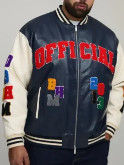 Oversized Fit Badge Applique PU Bomber Jacket front with relaxed silhouette