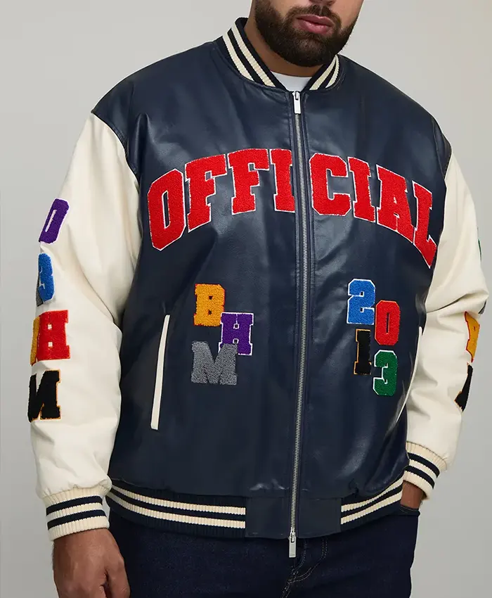 Oversized Fit Badge Applique PU Bomber Jacket front with relaxed silhouette