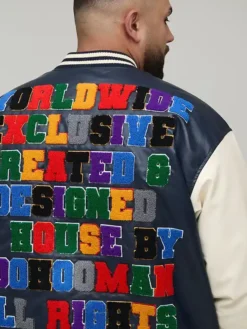 Oversized Fit Badge Applique PU Bomber Jacket side view with sleek finish