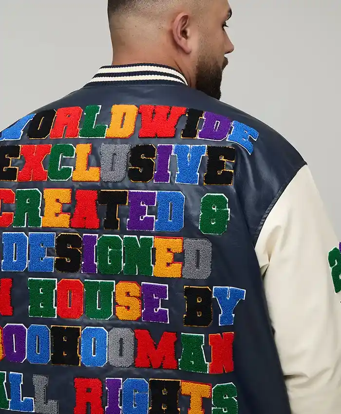 Oversized Fit Badge Applique PU Bomber Jacket side view with sleek finish