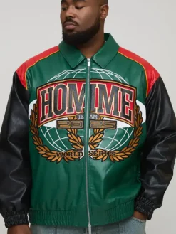 Oversized Fit Homme Applique PU Collared Bomber Jacket front with sleek style