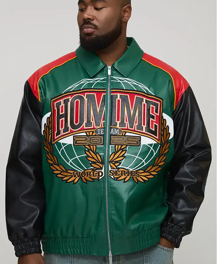 Oversized Fit Homme Applique PU Collared Bomber Jacket front with sleek style