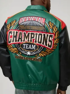 Oversized Fit Homme Applique PU Collared Bomber Jacket side with collar detail