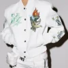 POP ROMANCE x OFF White New York Liberty White Leather Letterman Jacket front view