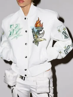 POP ROMANCE x OFF White New York Liberty White Leather Letterman Jacket front view