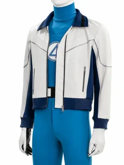 Pedro Pascal Fantastic Four Doomsday White and Blue Leather Jacket close-up details
