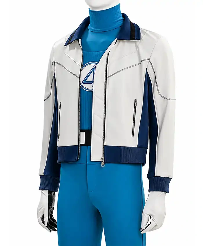 Pedro Pascal Fantastic Four Doomsday White and Blue Leather Jacket close-up details