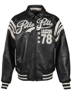 Pelle Pelle Encrusted Black 78 Leather Company Varsity Jacket front view