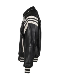 Pelle Pelle Encrusted Black Leather Varsity Jacket featuring rib-knit cuffs and YKK zipper closure