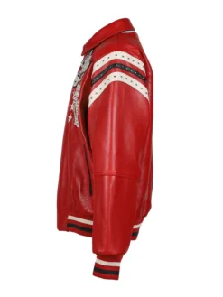 Pelle Pelle Encrusted Red Leather Varsity Jacket featuring rib-knit cuffs and YKK zipper closure