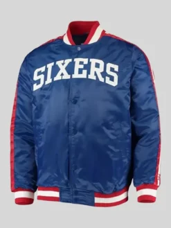 Philadelphia 76ers Sixers Starter Blue And Red Satin Varsity Jacket front view