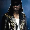 Playboi Carti Milan 2026 Black Leopard Print Leather Biker Jacket front view