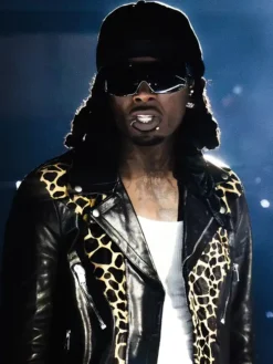 Playboi Carti Milan 2026 Black Leopard Print Leather Biker Jacket front view