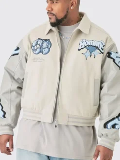 Plus Boxy Teddy Applique Bomber Jacket front with relaxed streetwear style