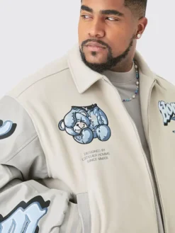 Plus Boxy Teddy Applique Bomber Jacket side view with cozy layered design