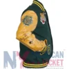 Polo Ralph Lauren Tiger Green Brown Varsity Jacket featuring rib knitted collar and snap-tab closure