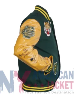 Polo Ralph Lauren Tiger Green Brown Varsity Jacket featuring rib knitted collar and snap-tab closure
