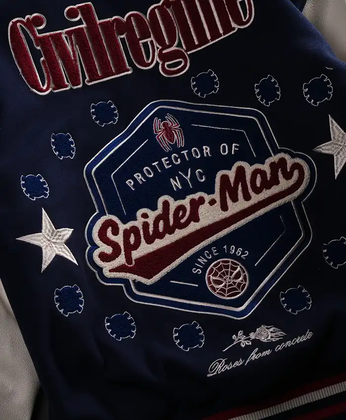 Protector Of NYC Navy And Butter Letterman Jacket Back View