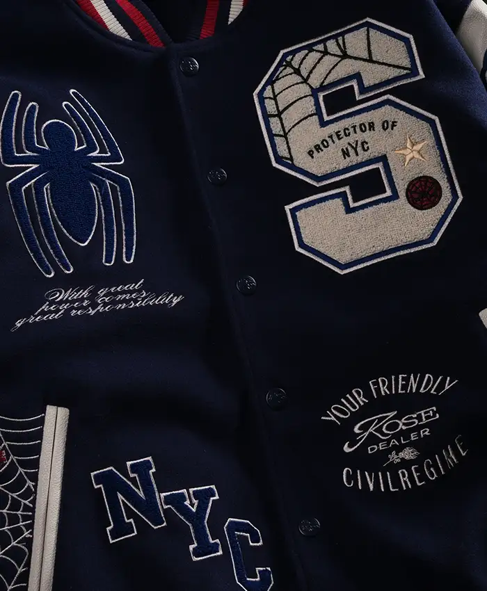 Protector Of NYC Navy And Butter Letterman Jacket Front View