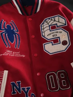 Protector Of NYC Sand And Red Letterman Jacket Front View