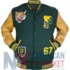 RL Polo Tiger Green and Brown Varsity Jacket front view with wool body and PU leather sleeves