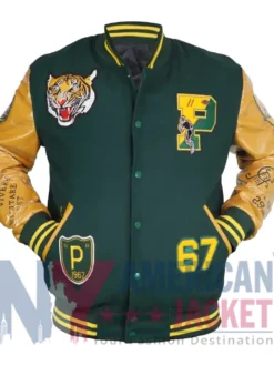 RL Polo Tiger Green and Brown Varsity Jacket front view with wool body and PU leather sleeves