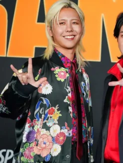 Ryoka Fujisawa Black Floral Satin Bomber Jacket featuring YKK zipper closure and full-length sleeves