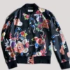Ryoka Fujisawa Black Satin Floral Bomber Jacket featuring YKK zipper closure and full-length sleeves
