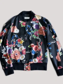 Ryoka Fujisawa Black Satin Floral Bomber Jacket featuring YKK zipper closure and full-length sleeves