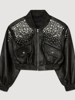 Sandro-Crystal-Studded-Black-Leather-Bomber-Jacket