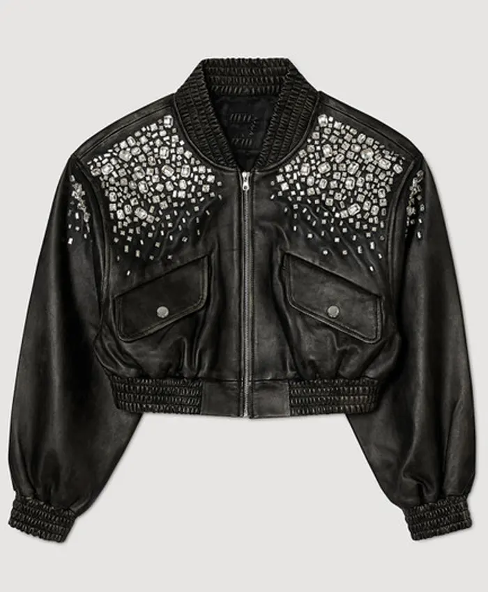 Sandro-Crystal-Studded-Black-Leather-Bomber-Jacket