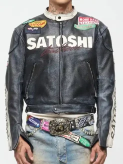 Satoshi Nakamoto 7 Black Cafe Racer Motorcycle Leather Jacket front view