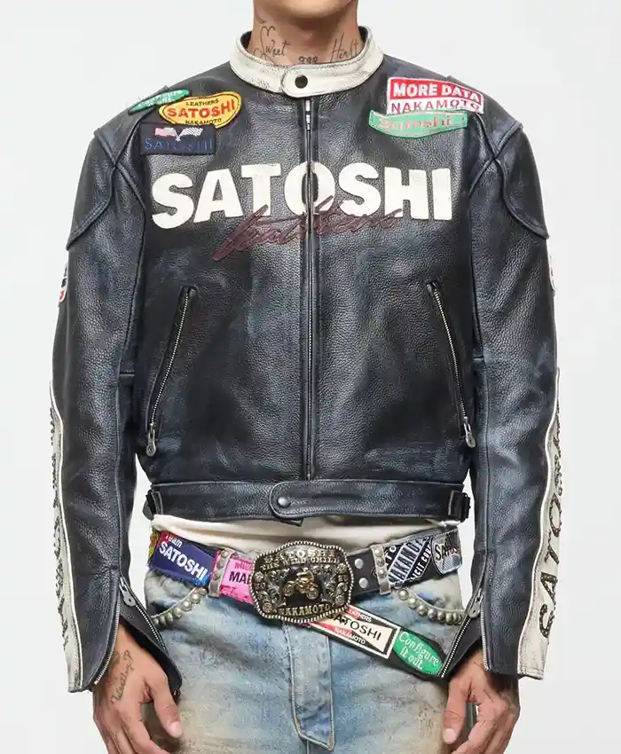 Satoshi Nakamoto 7 Black Cafe Racer Motorcycle Leather Jacket front view