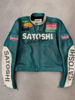 Satoshi Nakamoto 7 Green Cafe Racer Motorcycle Leather Jacket front view